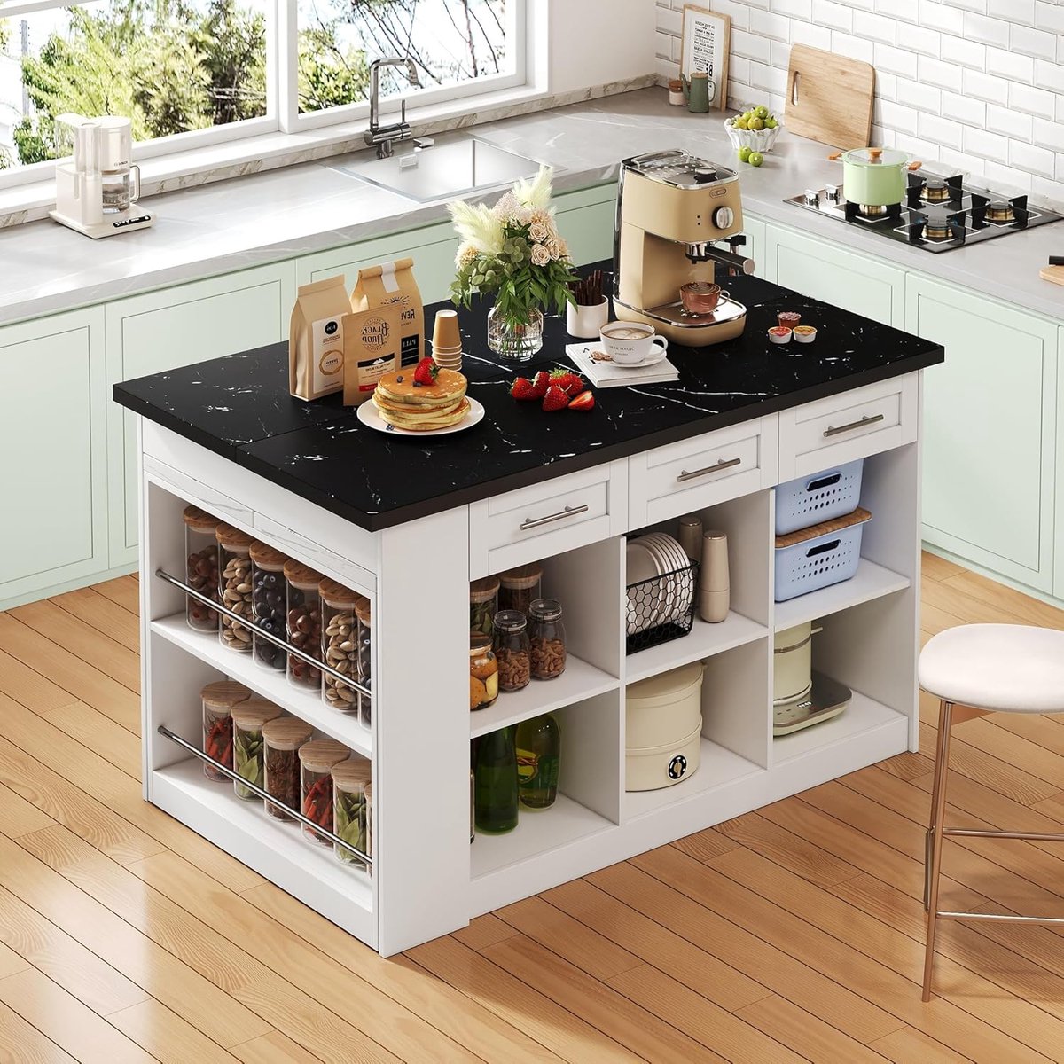 Keukeneiland met Uittrekbare Eettafel 150 + 96 cm – Vrijstaand Multifunctioneel Kookeiland met Opbergruimte, 6 Laden, Kruidenrek, Zwart/Wit Marmer Werkblad, 120x70x90 cm – Laura