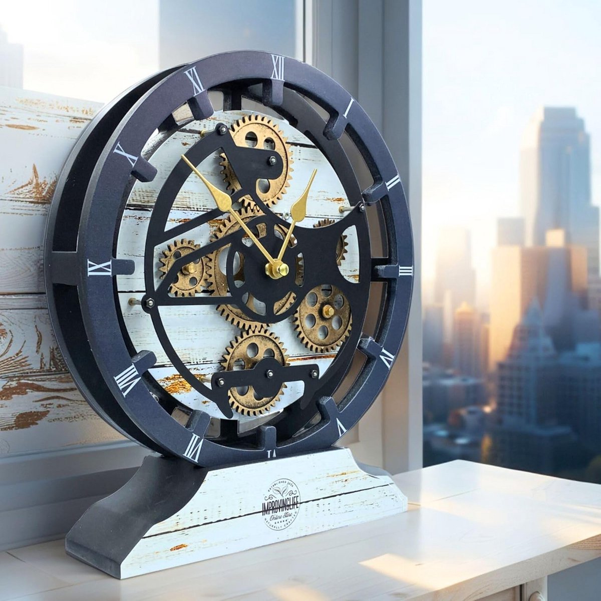 Gears Klok - Bureauklok Wandklok - Tijdweergave Wonen - Echte bewegende tandwielen - 10 inch - Woestijn beige