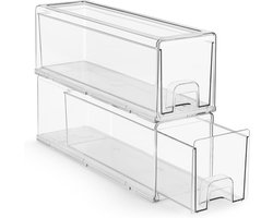 Kleine Transparante Stapelbare Opberglades – Set van 2 Plastic Opbergbakken met Handgrepen – Stapelbare Uittrekbare Opberglades - voor Kast, Voorraadkast, Kantoor, Badkamer, Hobby- en Speelgoedorganisatie
