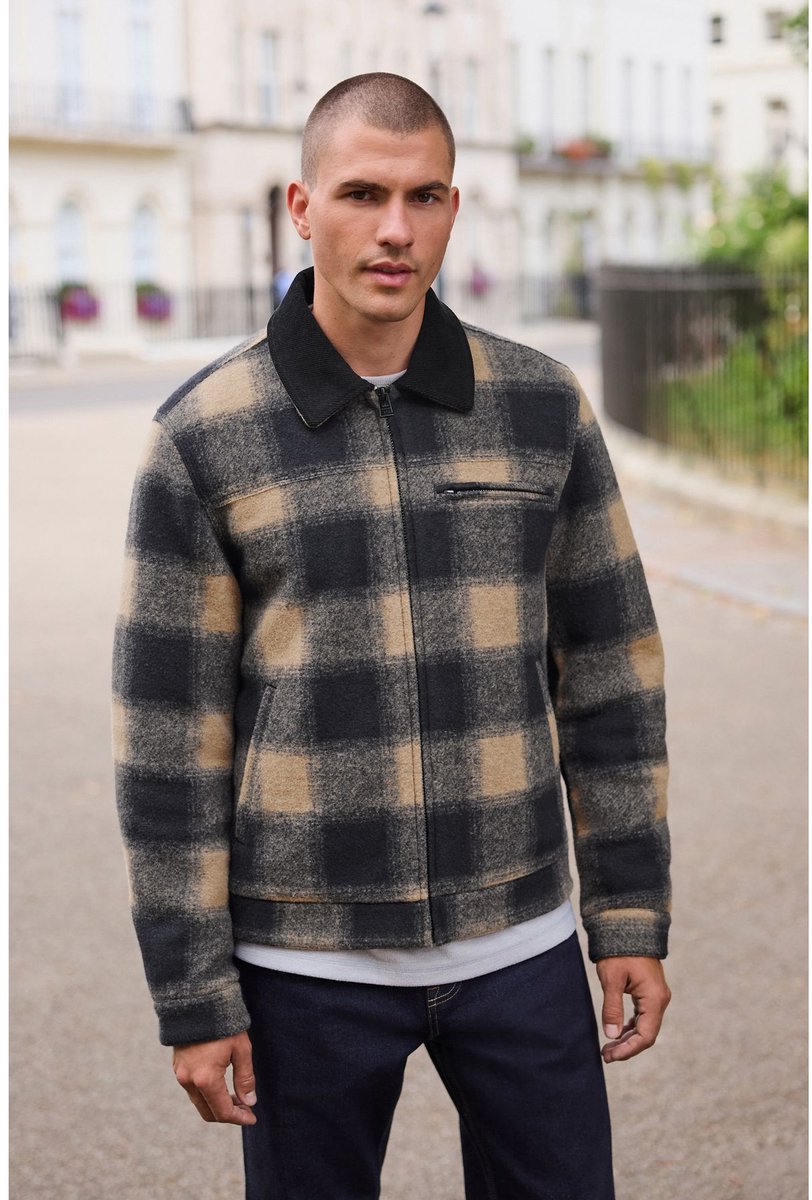 Next - Heren - Cord Collar Check Wool Blend Worker Jacket - Blauw
