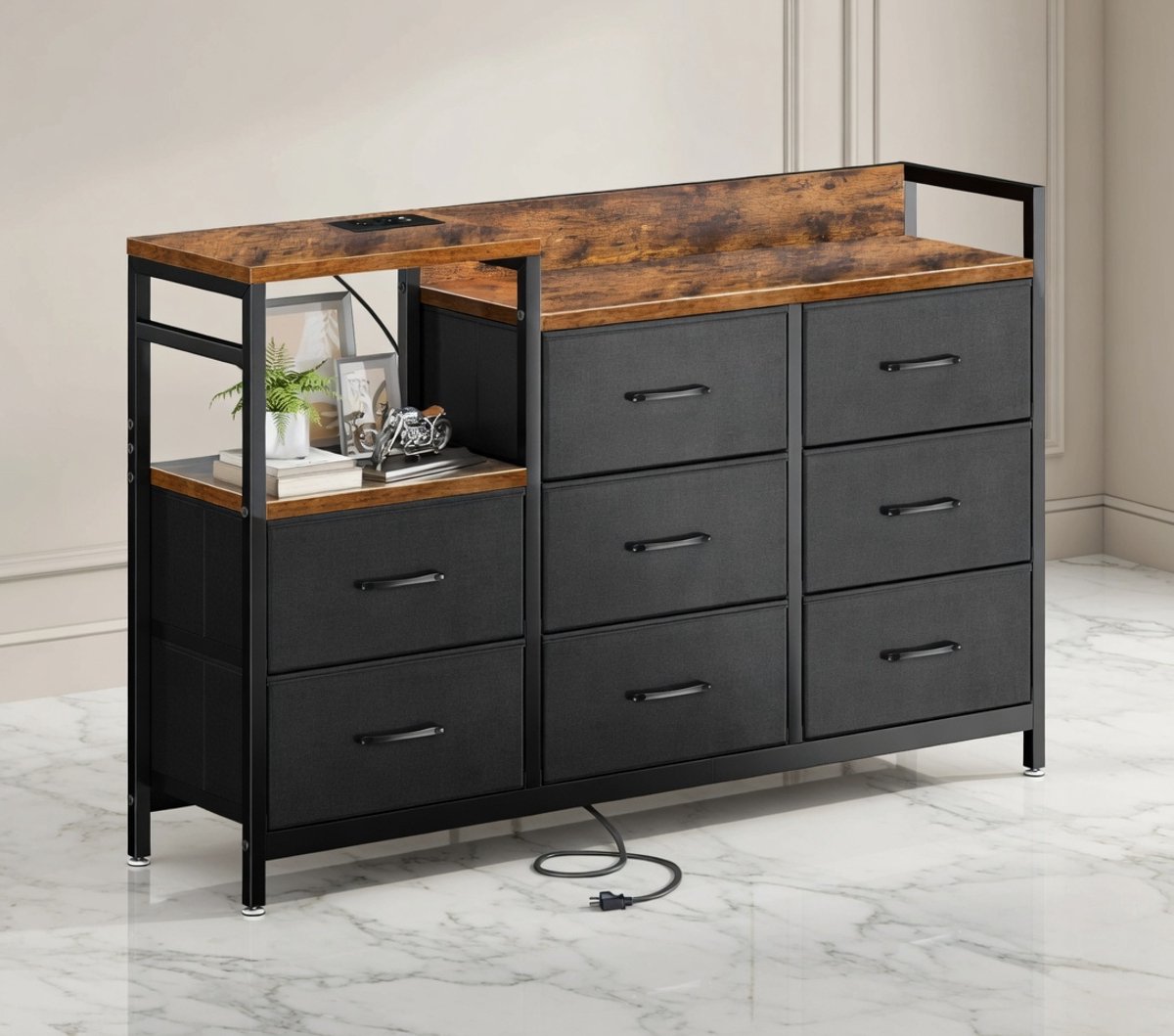 Multifunctionele Stoffen Commode met 8 Laden – USB & AC Oplaadstation – Hoge Ladekast voor Slaapkamer en Woonkamer – Vintage Zwart, 132x30x88 cm - House&Garden