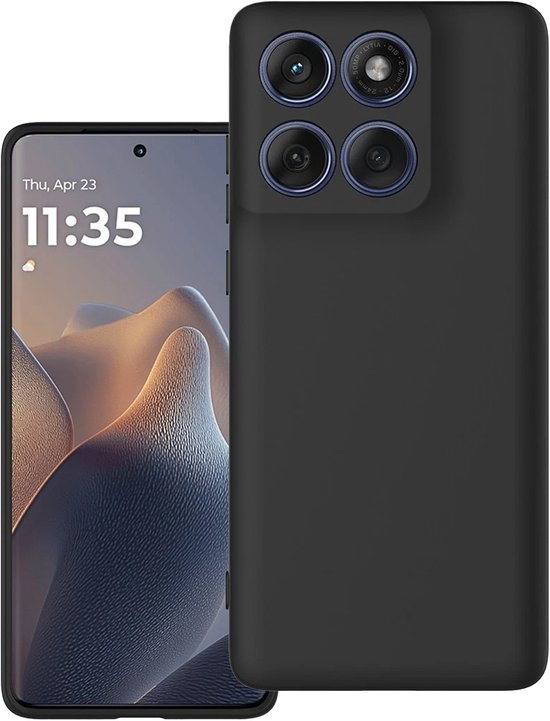 Zwarte Casemania telefoonhoes met vier camera-ogen, naast een smartphone.