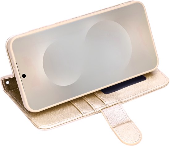 Gouden telefoonhoesje met telefoon erin, open.