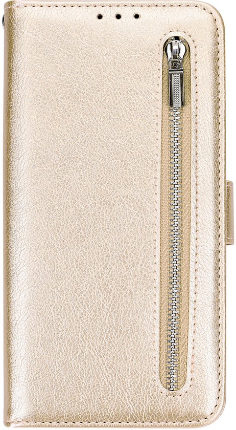 Gouden telefoonhoesje met rits, gesloten.