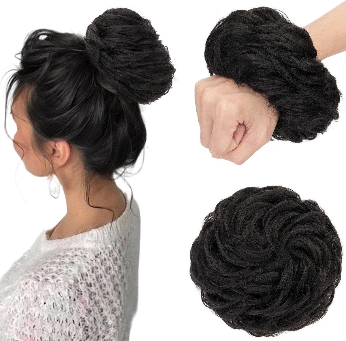 Haarknot Krullend - Haar Scrunchie - Direct Volume - Natuurlijk Uiterlijk - 45 Gram - Gitzwart