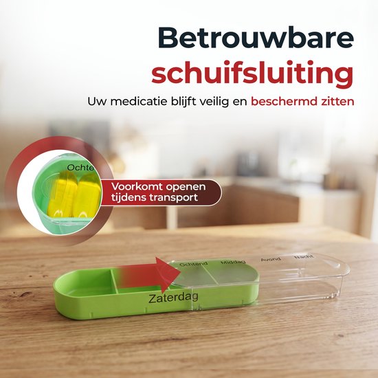 Groen vakje van een medicijndoos, gevuld met gele pillen. De schuifsluiting voorkomt openen tijdens transport.