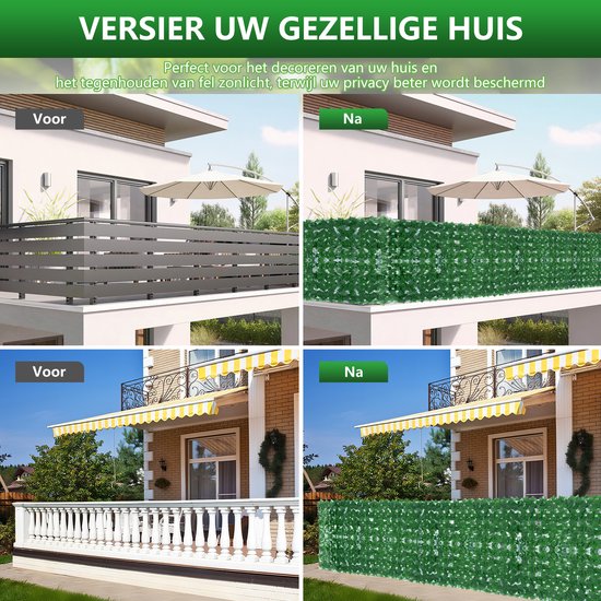 Voor en na foto's van een balkon en terras met kunsthaag die privacy biedt en zonlicht filtert.