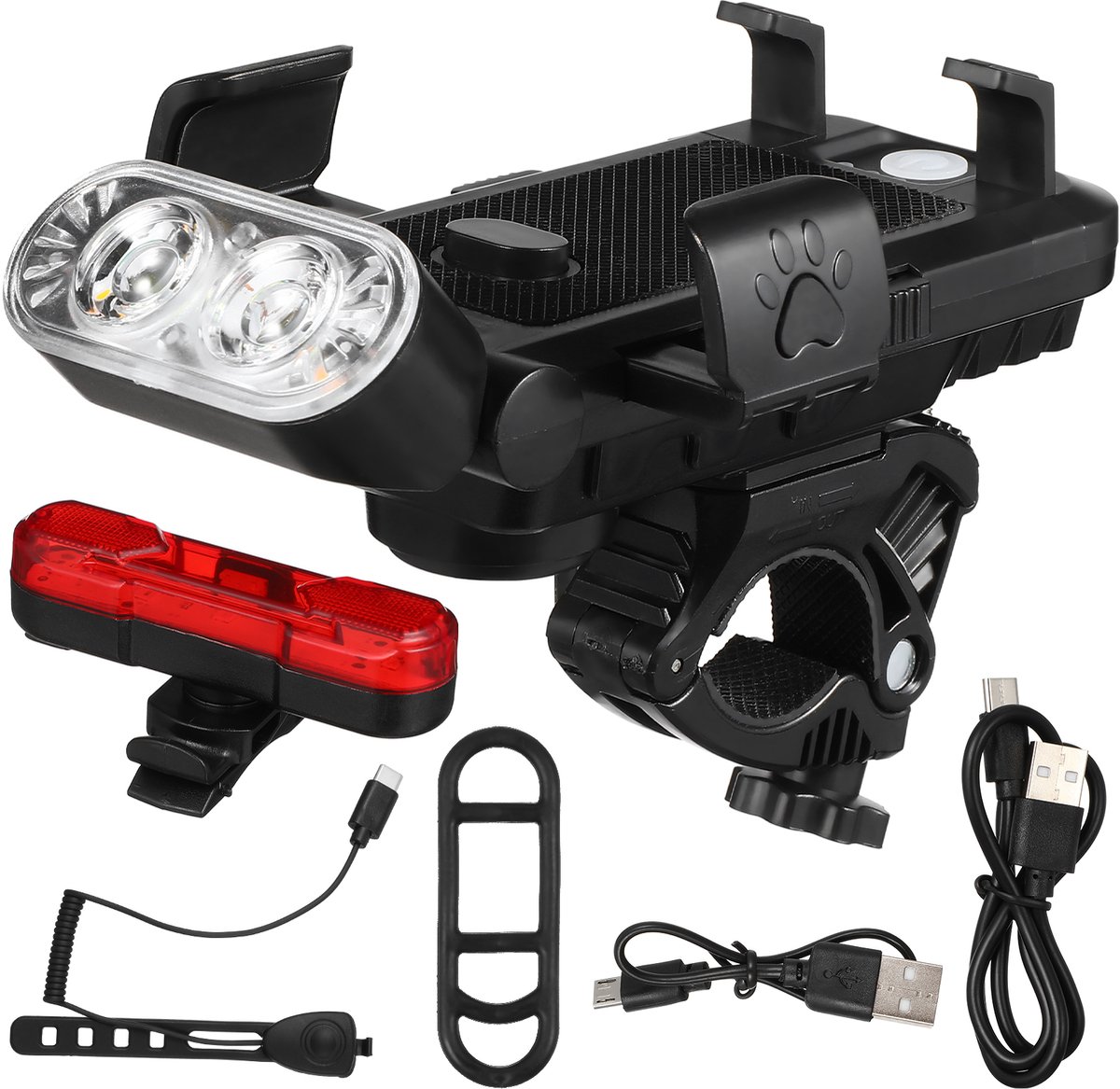 Complete Fietsverlichtingsset – USB Oplaadbaar Voorlicht & Achterlicht – 4000mAh Powerbank & 130dB Hoorn – Telefoonhouder voor 4.5-6.5 inch – 500 Lumen – Zwart