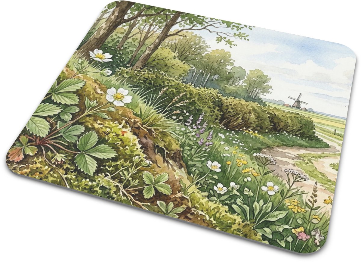 Muismat Aquarel Series Aardbeiganzerik Potentilla sterilis Witte Bloemen Bosrand Landschap Molen Waterverf Kunstwerk Botanisch Cadeau voor haar: Vrouw, Vriendin & Collega Bureau Matje Natuurprint Kantoor Accessoires Flora
