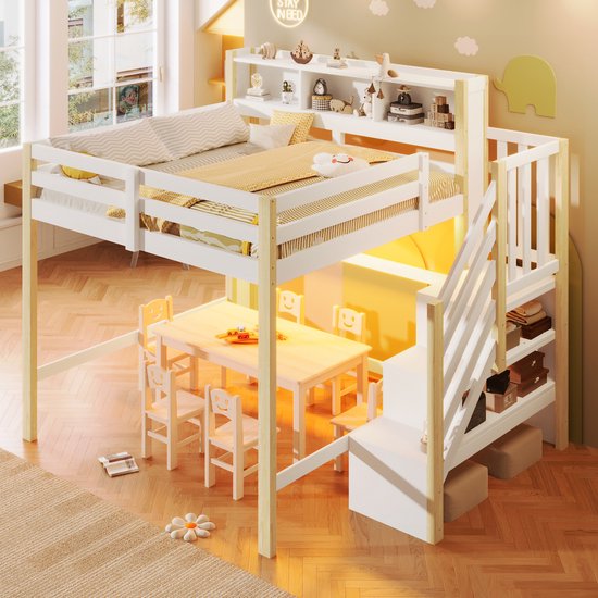 Lit mezzanine 140x200 Cm Avec éclairage LED Et escalier de rangement - Blanc Naturel - Lit d'enfant Avec espace de rangement Et barrière de sécurité