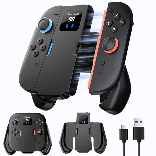 Transnovo Charging Grip Pro Joycon 1400mAh powerbank met magnetisch link geschikt voor Nintendo Switch 2 controller | Switch-controllers Joy con oplader incl. display | USB C kabel charger | Console accessoires