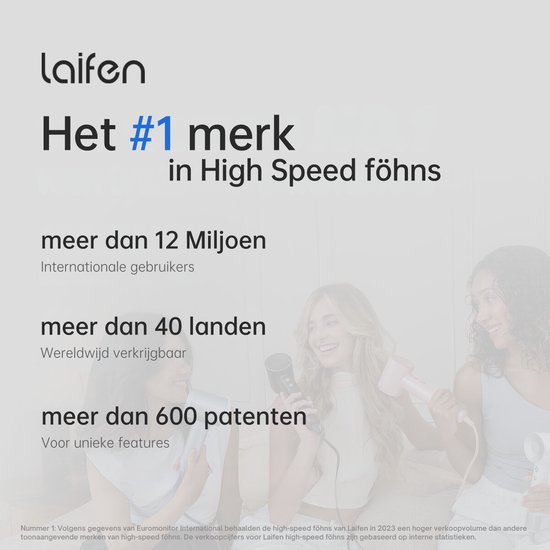 Vrouwen lachen en houden Laifen haardrogers vast, met tekst: 'Laifen, het #1 merk in High Speed föhns'.