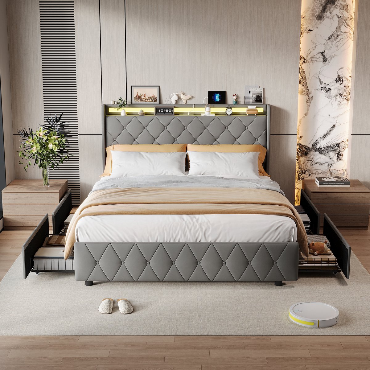 Solvenrik Bedframe met Lades 140x200 – LED & USB-C – Fluweel – Hoofdbord met Opbergplank– Grijs