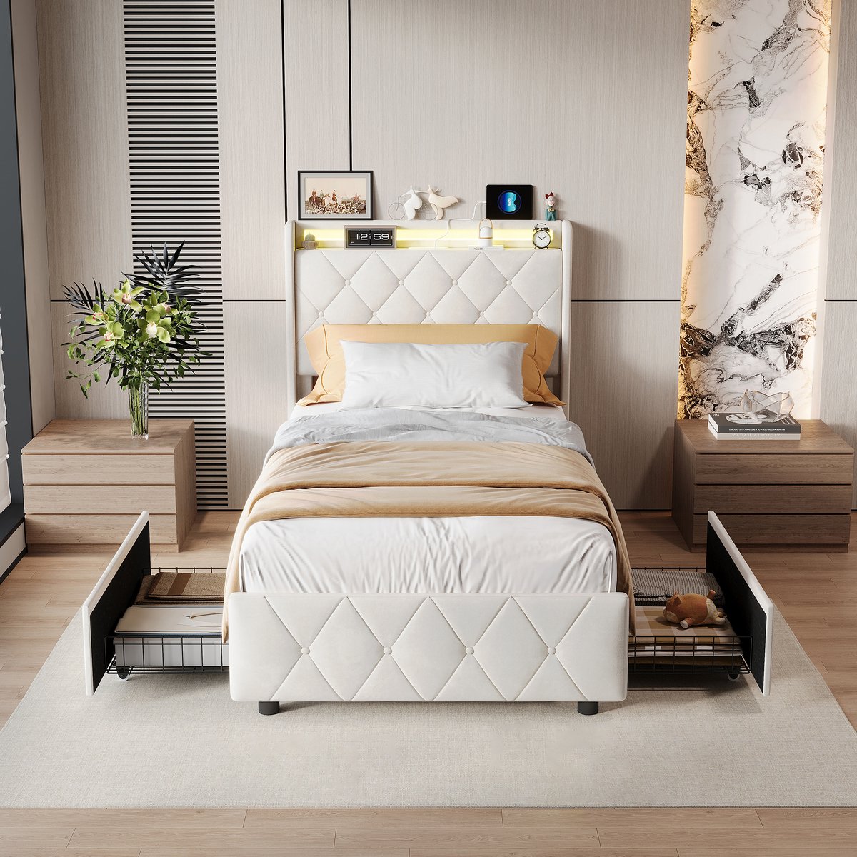Solvenrik Bedframe met Lades 90x200 – LED & USB-C – Fluweel – Hoofdbord met Opbergplank– Beige
