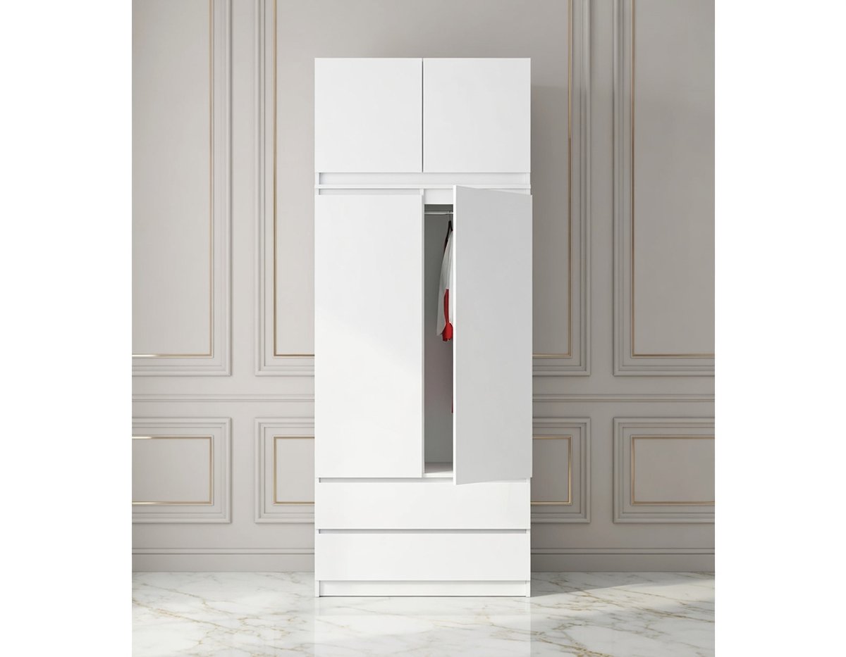 Moderne Grote Kledingkast House&Garden – 4 Deuren, 6 Legplanken, 2 Lades en Kledingstang – Opbergkast voor Slaapkamer, Woonkamer of Hal – 234 x 90 x 51 cm – Wit / Eiken Sonoma