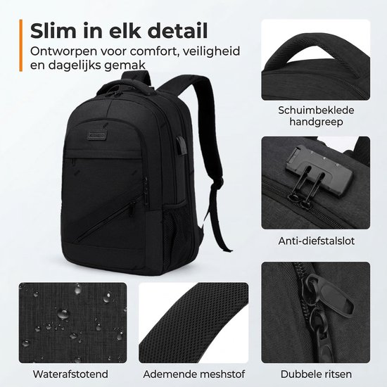 Sac à dos étanche antivol avec station de charge USB - Sac pour ordinateur portable jusqu'à 17 pouces - pour femme et homme - Zwart de Zedar