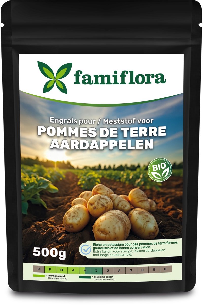 Famiflora meststof voor aardappelen - 500g - Dosering: 50-150g/m² - NPK 6-3-8 - Extra kalium voor stevige, lekkere aardappelen