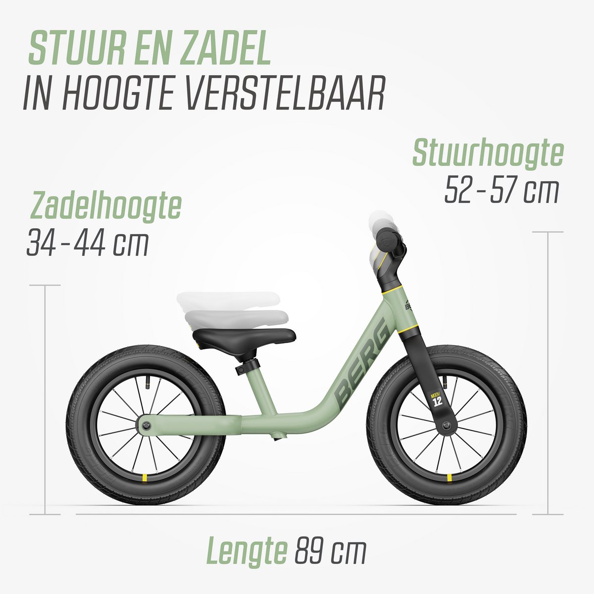 BERG MOOV12 Loopfiets - 2,5+ jaar - 12 inch - Lichtgewicht - Comfortabele luchtbanden - Verstelbaar Stuur en Zadel - Sage Green — afbeelding 8