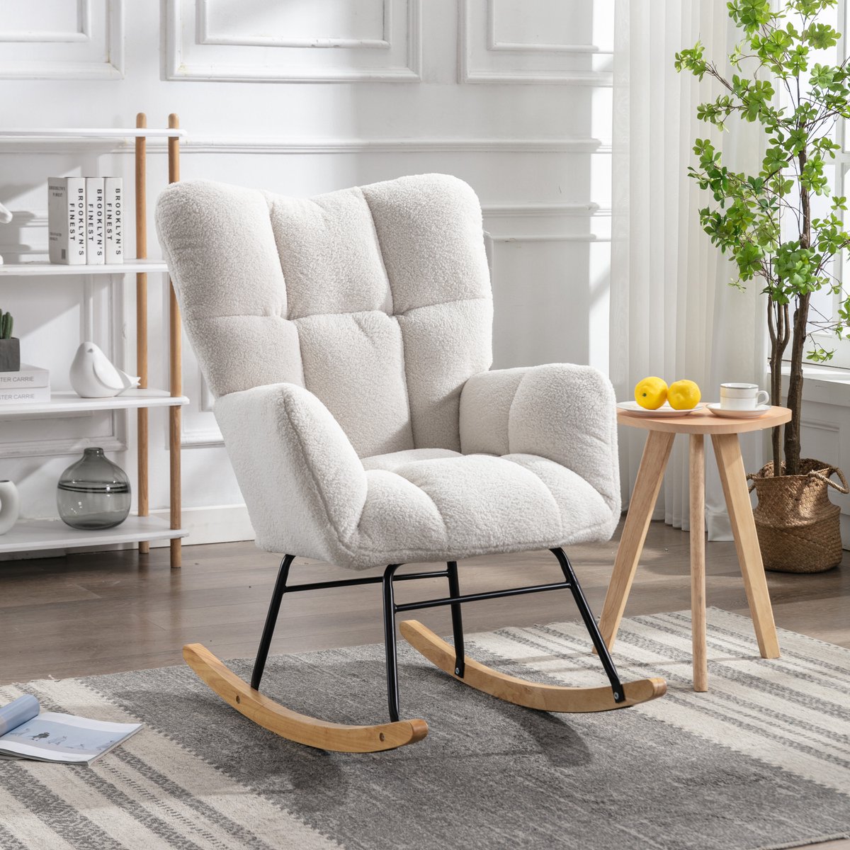 MODFU - Schommelstoel - Getuft En Gevoerd - Modern Minimalistisch - Voor Woonkamer - Teddystof - Wit - 80 x 70 x 95 cm