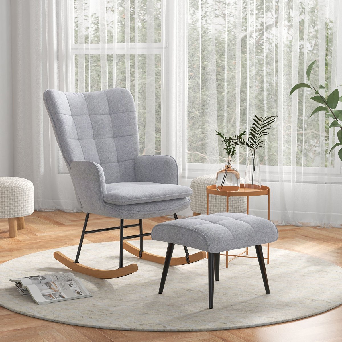 MODFU - Schommelstoel Met Voetenbank - Hoge Rugleuning En Armleuningen - Oorfauteuil - Polyester - Lichtgrijs