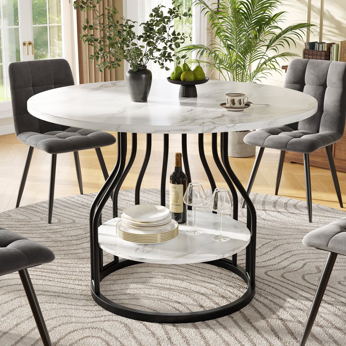 MODFU Ronde Eettafel - Met Onderste Opbergruimte En Verstelbare Voeten - Klassiek - Eetkamer - MDF - Zwart - 80 X 80 X 76 Cm