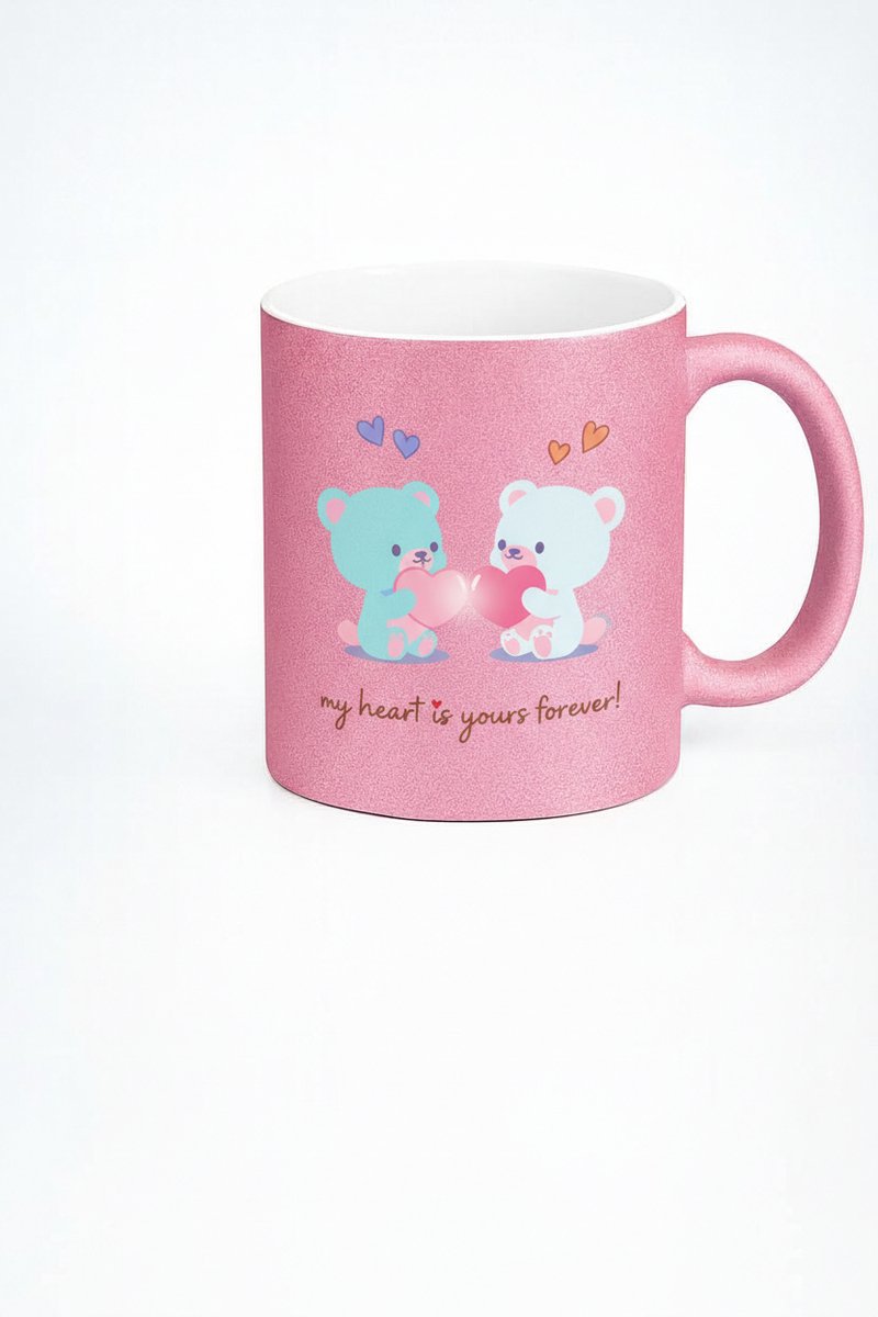 Roze Glitter Mok met Liefdes Beren 'my heart is yours forever' - Romantisch Cadeau
