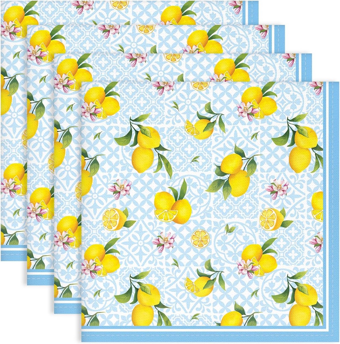 Set van 4 Katoenen Stoffen Servetten Blauwe Citroen Print 45x45 cm