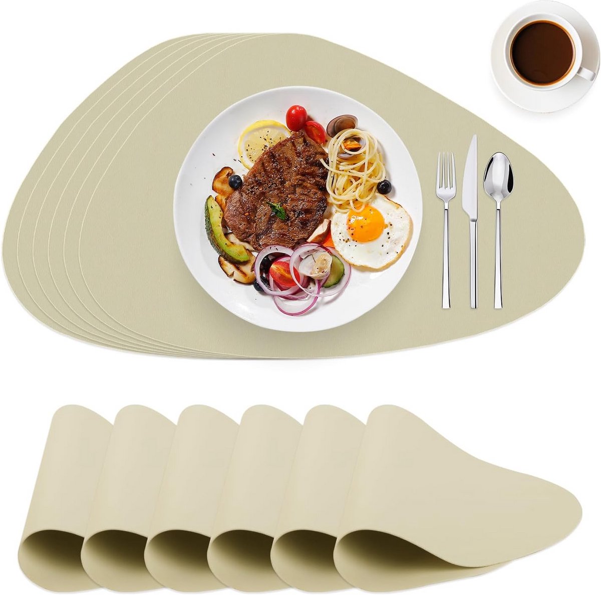 Set van 6 Afwasbare en Waterdichte Placemats in Beige Imitatieleer
