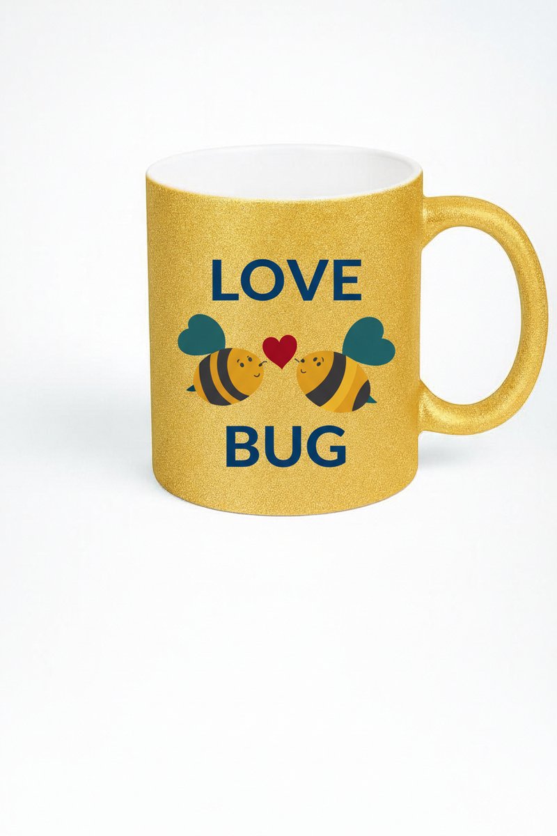 Gouden Glitter Love Bug Mok met Bijen en Hart - Cadeau voor Liefde & Valentijn