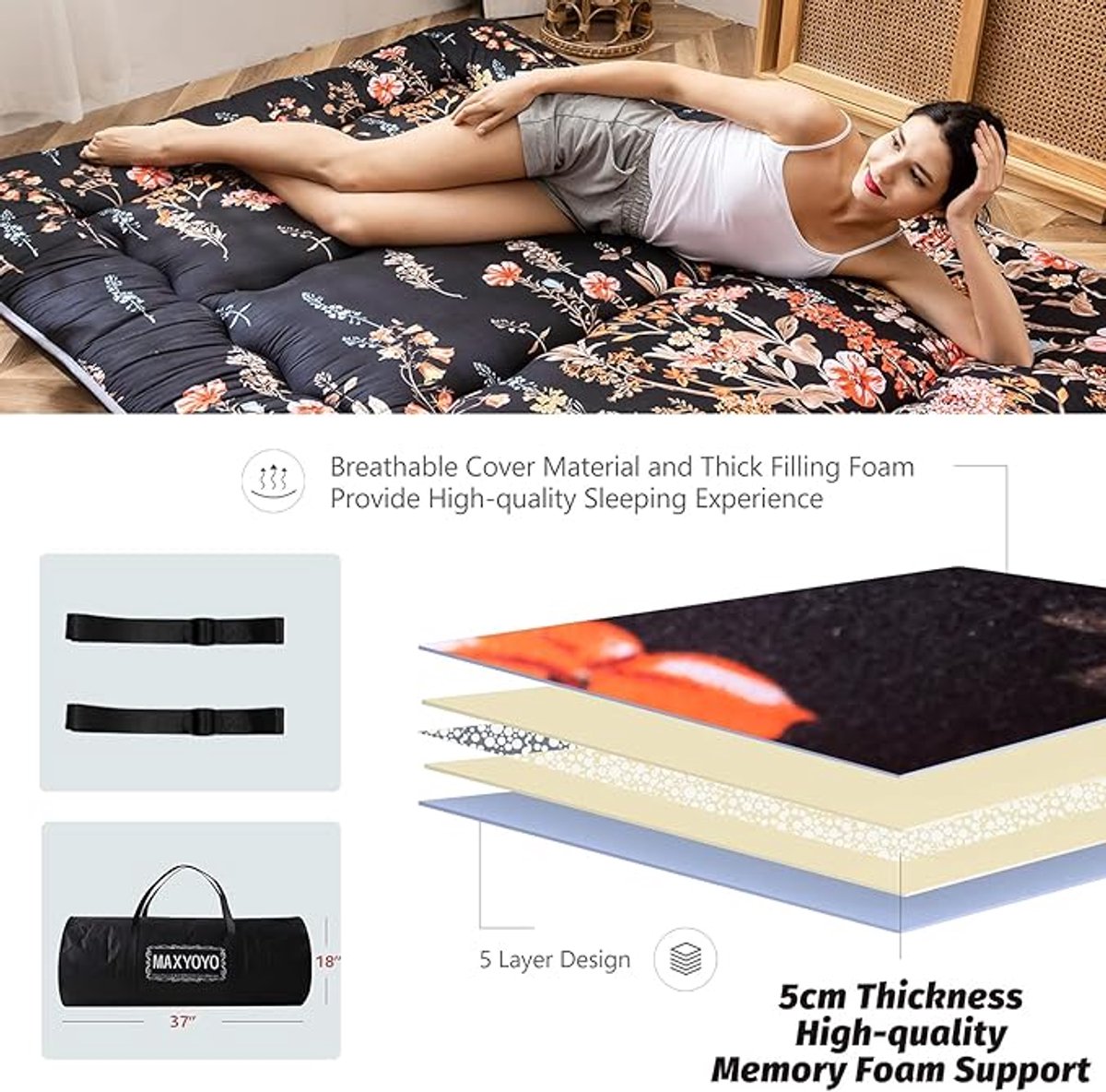 Futonmatras 90 x 190 cm – Opvouwbare Japanse Tatami Vloermat, Dikke Slaapzaal Matras, Pillow-Top Matras met Traagschuim en Polyester Vulling, Verrijdbaar, Zwart Bloemen – Pauwhome