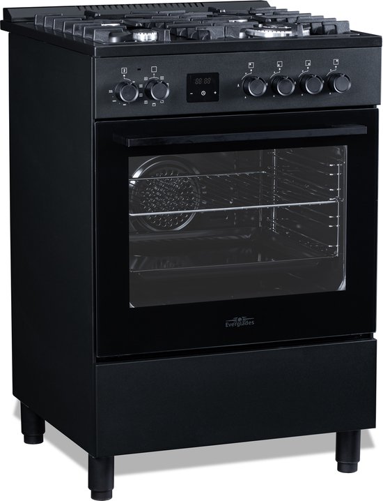 Zwart Everglades gasfornuis, drie-kwart profiel, met digitale timer en glazen ovendeur.