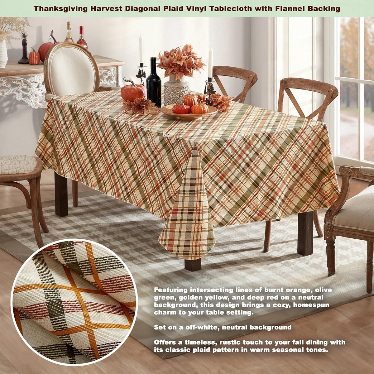 Vinyl Tafelkleed Herfst & Thanksgiving Diagonaal Ruit Groen Roest Bruin Afwasbaar