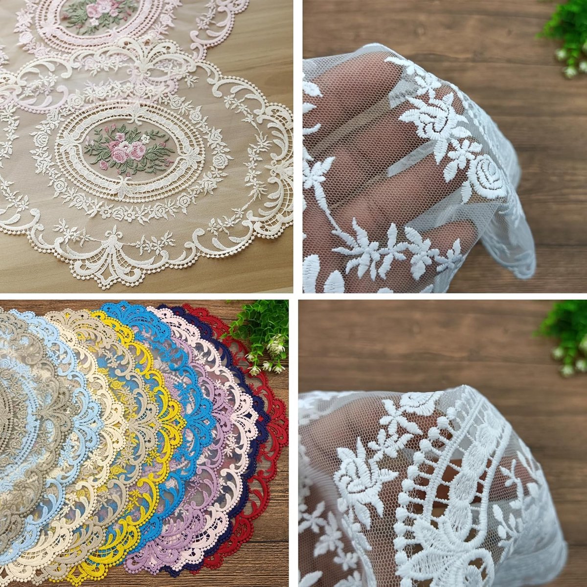 2x Elegante Tafelloper en Placemats Set met Bloemige Borduurwerk Kant - Diner & Decoratie