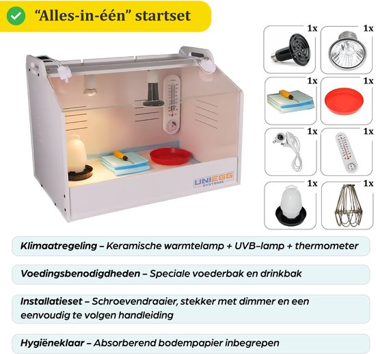 UniEgg Compleet Couveuse (S) voor Kuikens / Reptielen - Small 48cm x 30cm x 32cm (LxBxH) - Opfokkooi - Brooder - inclusief accessoires warmtelampen, dimmer, drinkbak, voerschaal, thermometer, makkelijk en snel bouwpakket - kuikenkooi - kuikenhok