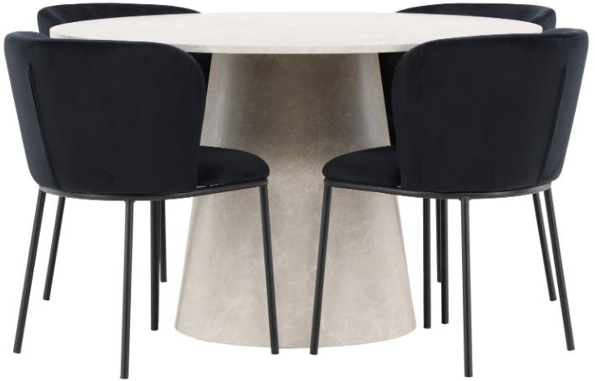 Lanzo eethoek tafel Ø120cm en 4 stoelen beige, zwart.
