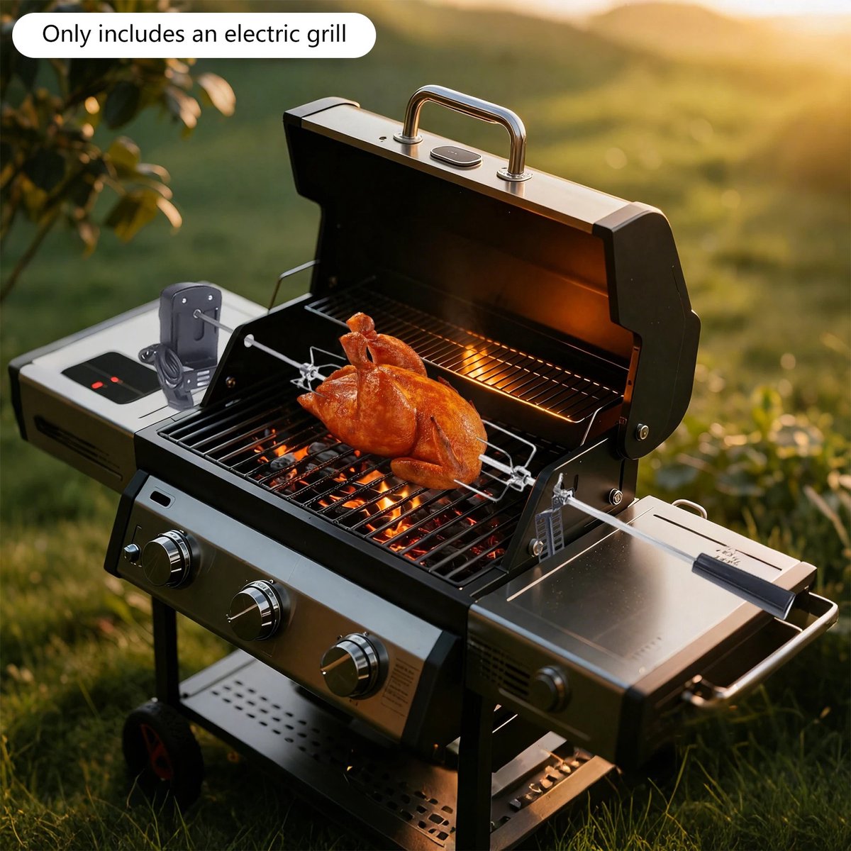 roestvrijstalen grillspit - elektrische BBQ-draaispitkit 360 ° - Automatische rotatie -17,6 lbs belasting voor buitencamping familiebarbecue