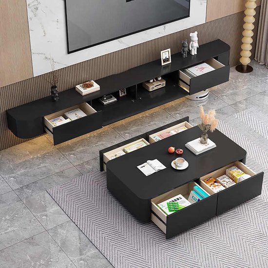 Azkoeesy 200 cm TV-kast met LED en glazen plaat, hoogglans