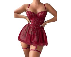 Elegante Babydoll Lingerie met Kant en Jarretelbanden – Dames Nachtmode