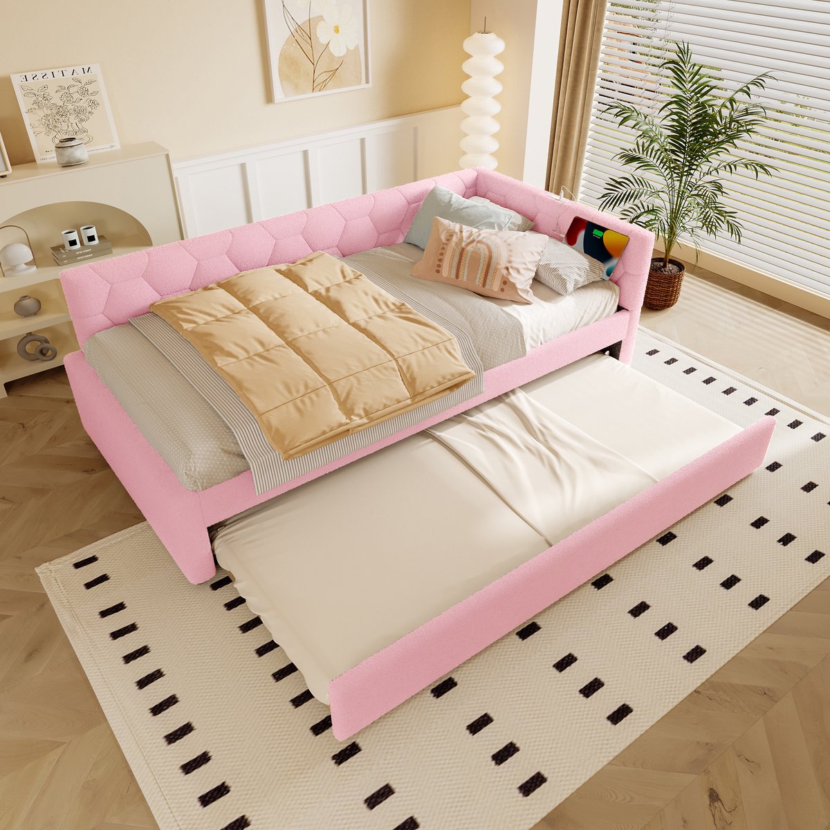 REDOM Bedbank 90x200 cm – Fluweel met uitschuifbed, USB/Type-C en nachtlampje – Roze