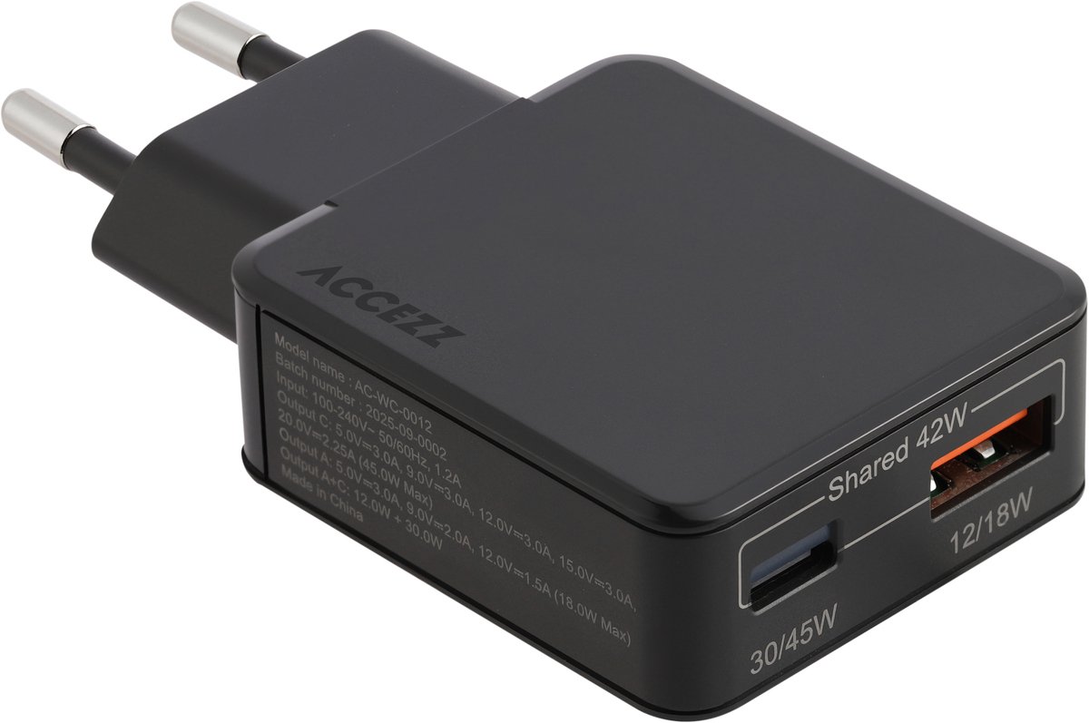Accezz Ultra Slim GaN Oplader - USB-C + USB-A - 45W - Zwart