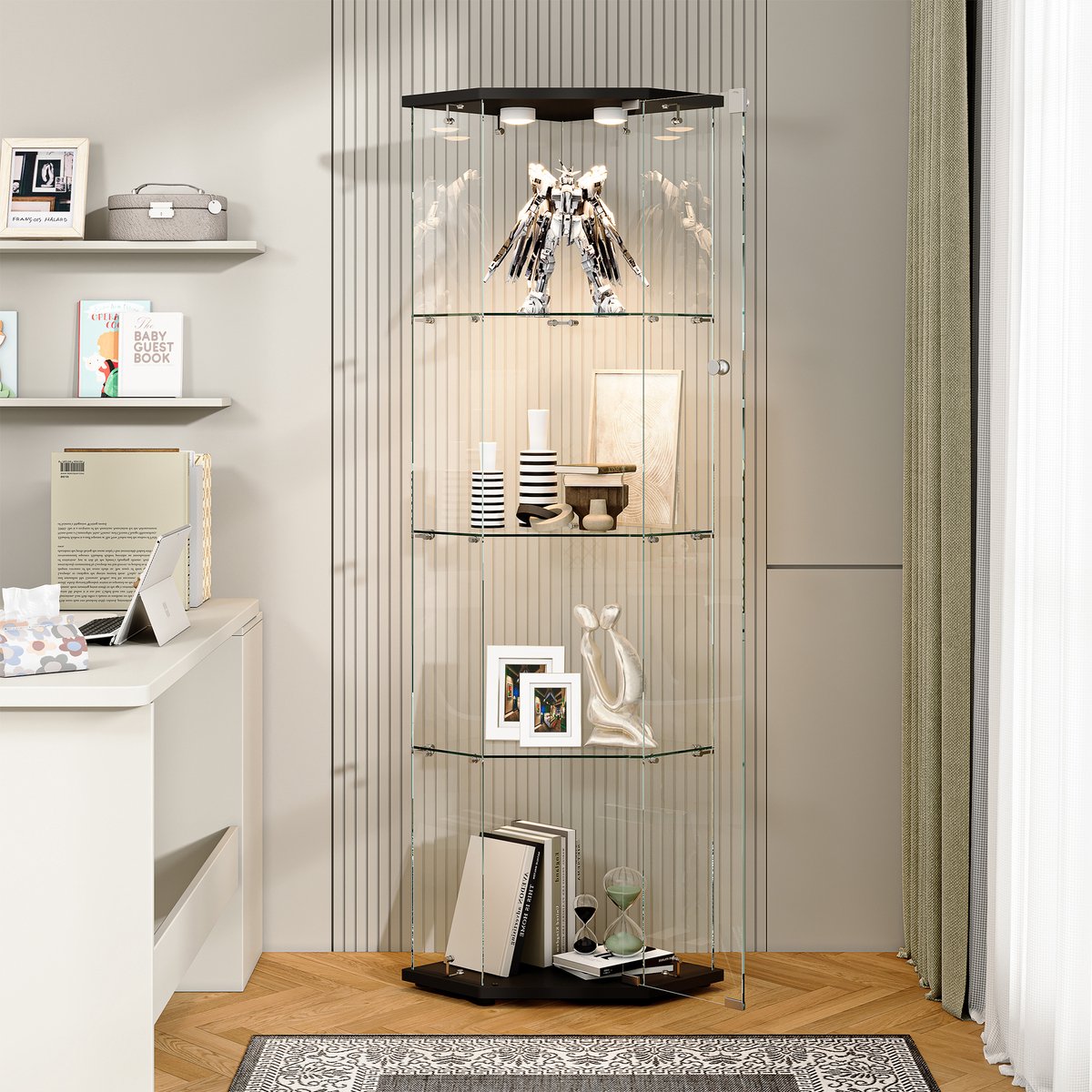 Hoekkast zwart met LED-verlichting, 4 legplanken en deur, ruimtebesparende vijfhoekige opb
