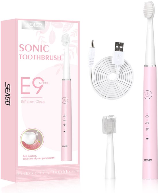 Sonic Smart elektrische tandenborstel - Oplaadbaar ontwerp - 5 reinigingsstanden - Inclusief 2 opzetborstels - IPX7 waterdicht - Batterijduur van 30 dagen - Verzorgt en reinigt de tanden - Geschikt voor volwassenen en kinderen - Roze
