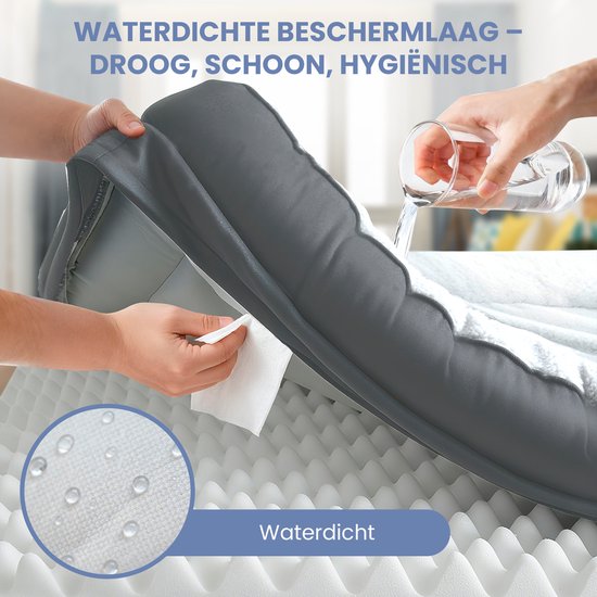 Water wordt gegoten op een hondenkussen dat wordt schoongemaakt, wat de waterdichte eigenschappen aantoont.