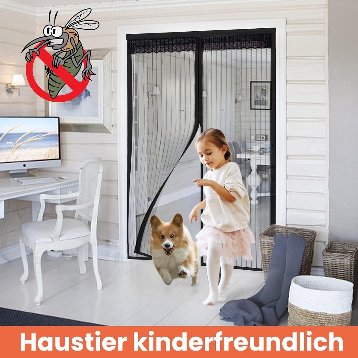 Candala Horrengaas voor deuren en ramen, magnetisch, 110 x 220 cm, deurgordijn, bescherming tegen muggen, ultradun, met magneetsluiting, zonder boren, voor balkon, slaapkamer, zwart