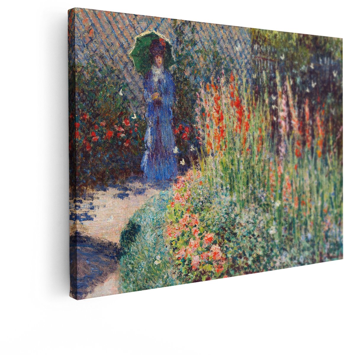 Artaza Canvas Schilderij Monet Bloementuin - 120x90 cm - Wanddecoratie Vrouw Met Parasol - Muurdecoratie Impressionisme - Decoratie Woonkamer