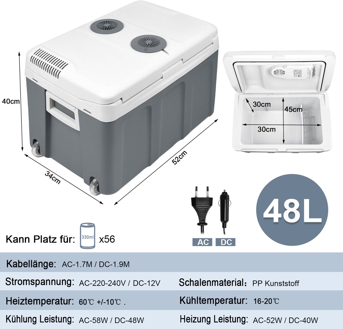 Froadp Elektrische Koelbox Auto 48L Koelkast 12V 230V Koelbox Verwarmt & Koelt ECO-modus met Kabel Draagbare Camping Koelbox voor Auto Camper Boot Camper, Grijs — afbeelding 2
