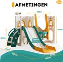 Afmetingen van het witte en groene speelhuisje met gele glijbaan en schommel.
