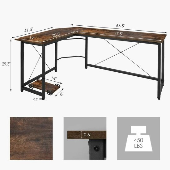 Afmetingen van een donkerbruin L-vormig bureau met metalen frame en een draagvermogen van 450 lbs.