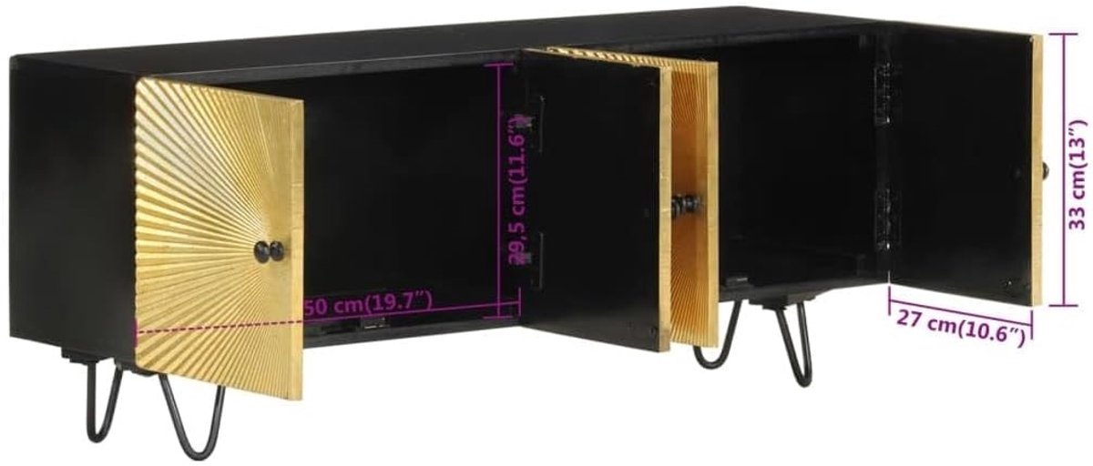TV-meubel van massief mangohout – Urbanhome Mangora Luxe 110 cm – Goudkleurige afwerking – Houten TV-lowboard met opbergruimte
