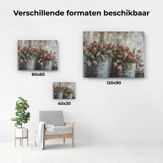 Artaza Canvas Peinture Peinture de Tulipes Rouges dans des Seaux Métalliques avec un Fond Rustique - 120x90 cm - Groot - Décoration Murale Salon - Peintures - Décoration Murale
